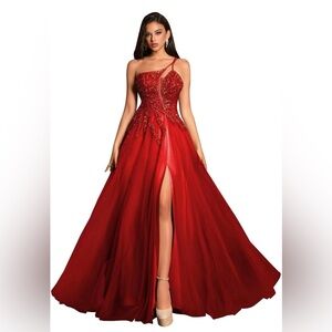 Elegant Red One-Shoulder Beaded Tulle Prom Spaghetti Strap with Slit Sz 14